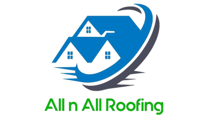 All n All Roofing logo with blue roof houses and green text on white background