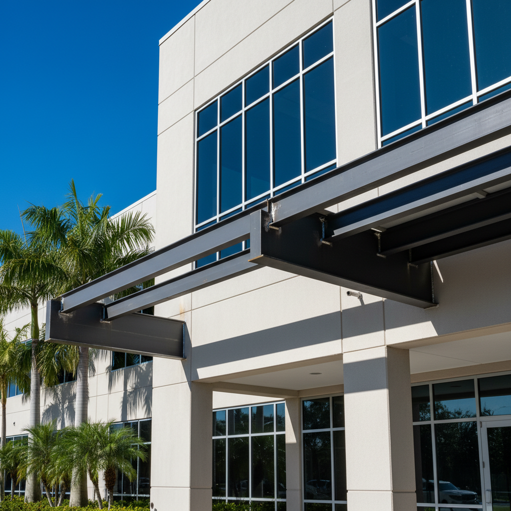 Modern building with large windows, covered entrance, and palm trees. Sunny day with blue sky.