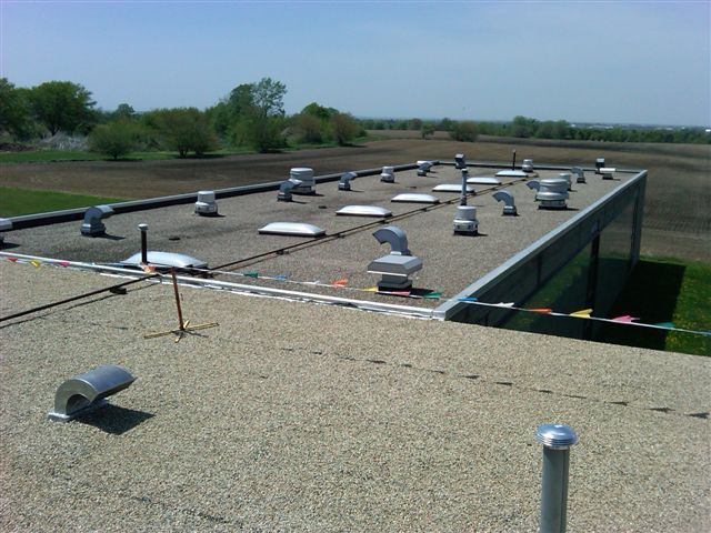 Commercial Built-Up Roofing with Skylights and Safety Setup | Kreiling Roofing Services