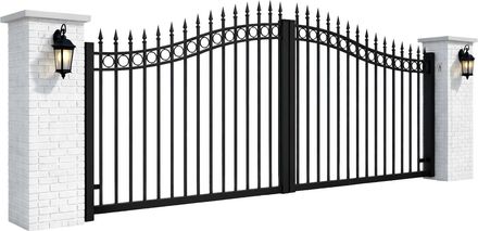Black metal gate with stone pillars.