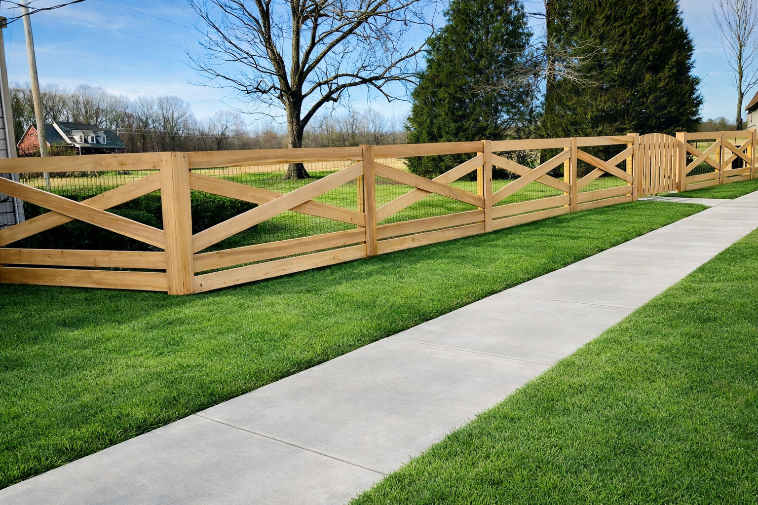 A wooden cross-buck fence borders a concrete sidewalk and green lawn on a sunny day.