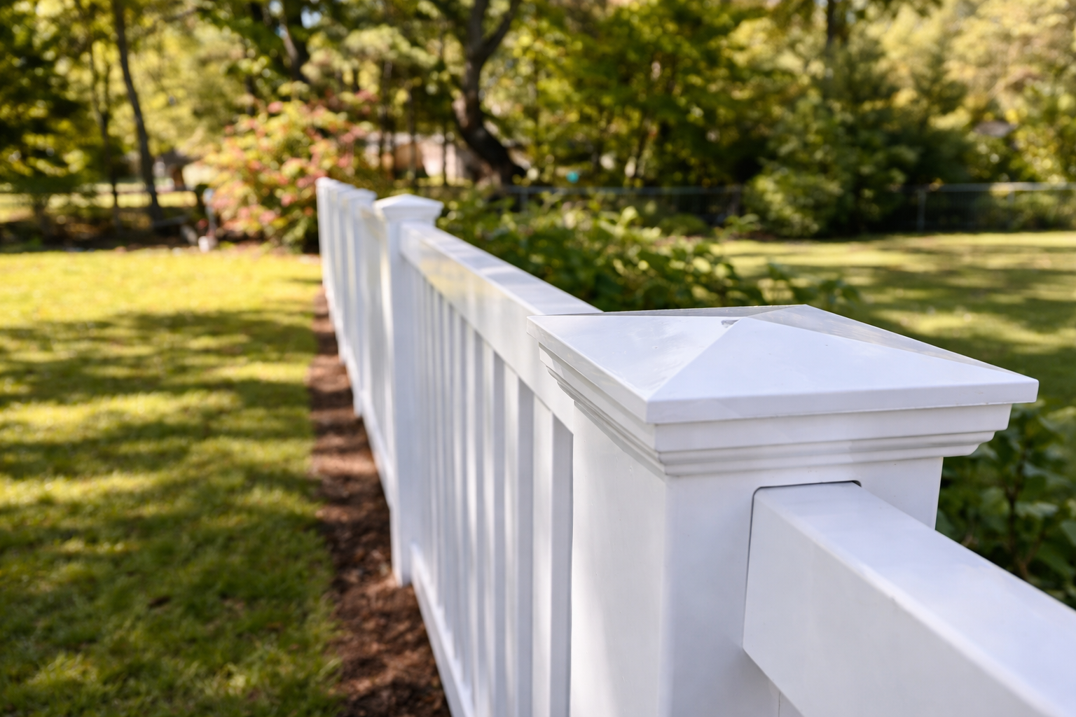 A white vinyl fence with decorative square post caps, running along the edge of a grassy lawn and a mulched garden bed.