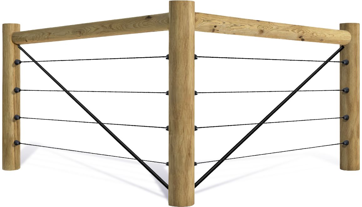 A corner section of a wooden post-and-rail fence with horizontal tensioned wire cables and diagonal metal supports.