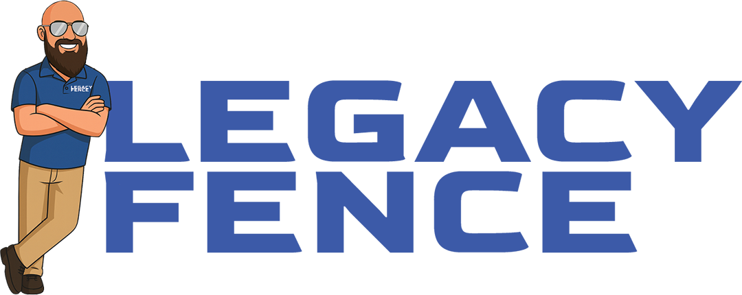 Legacy Fence logo with blue text and a cartoon worker leaning on the lettering