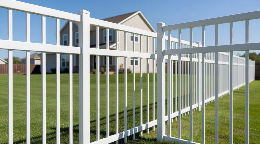 A white vinyl picket fence stands in a lush green lawn in front of a suburban house under a clear blue sky.