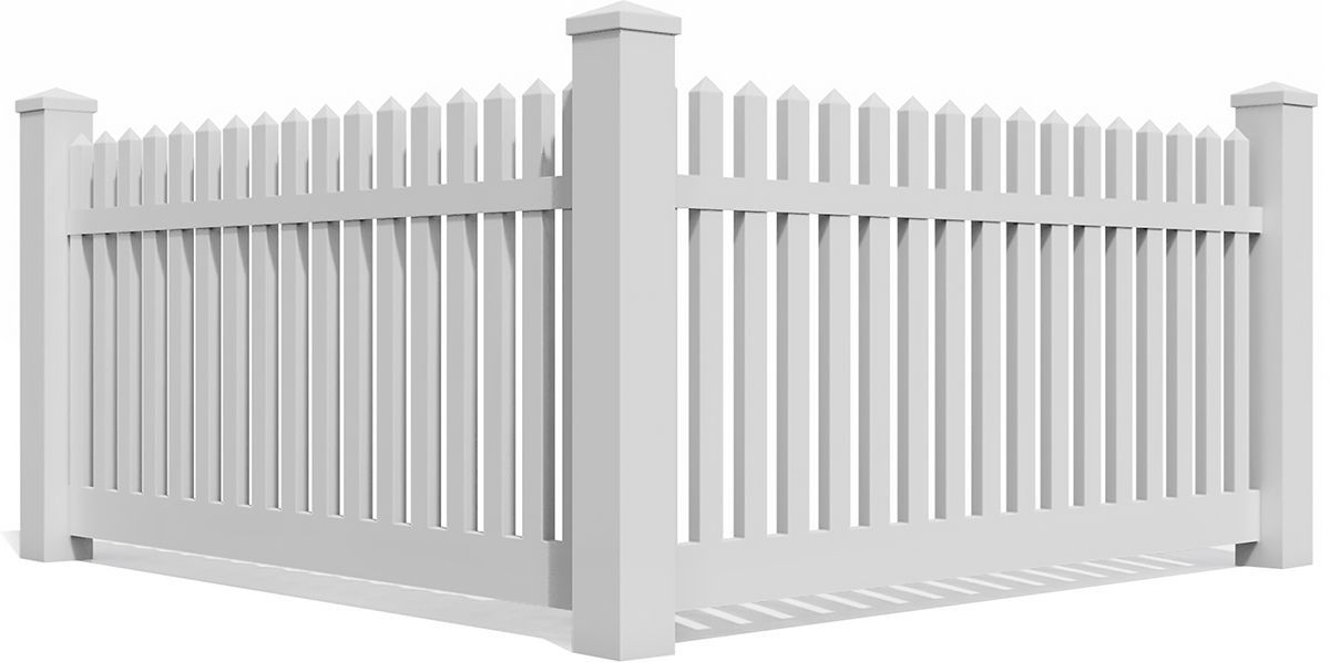 White picket fence with pointed tops, forming a corner.