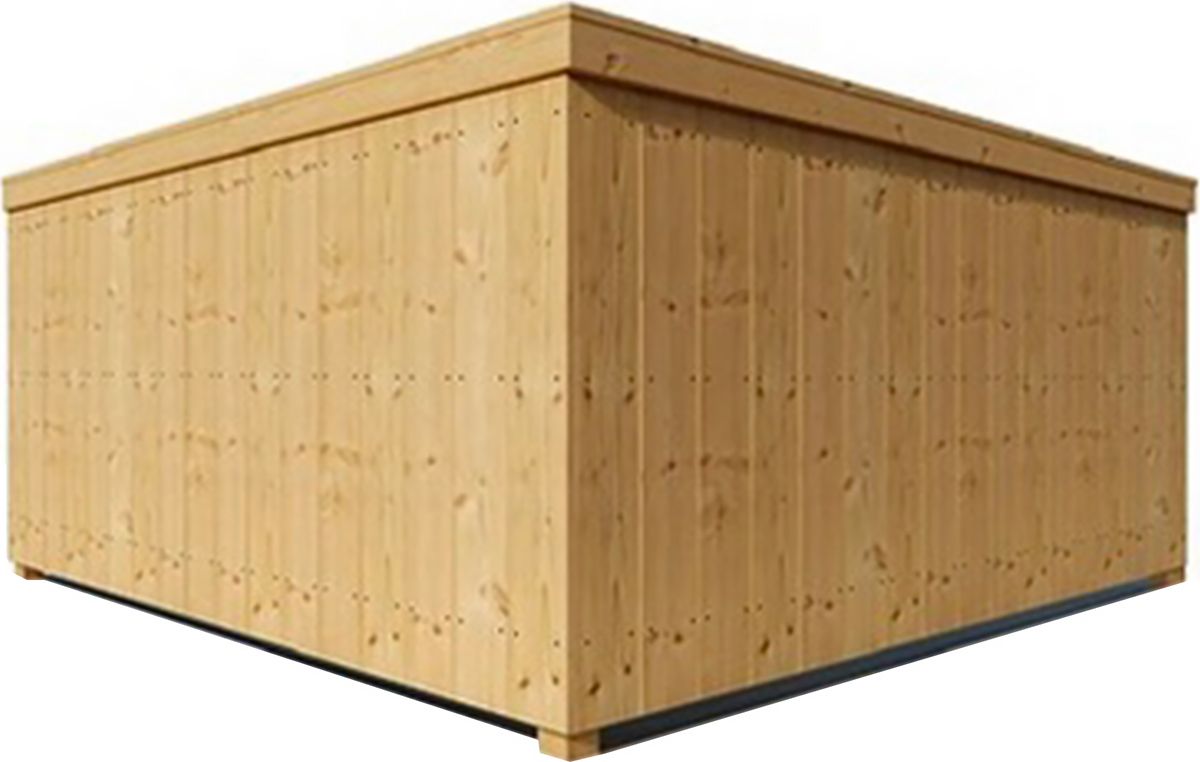 Wooden rectangular storage shed with a flat roof, outdoors.