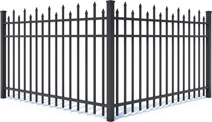 Four different fence types: black metal, wooden planks, white vinyl, and chain link.
