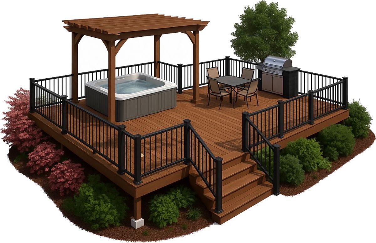 Wooden deck with hot tub, pergola, grill, and seating; surrounded by railing and landscaping.
