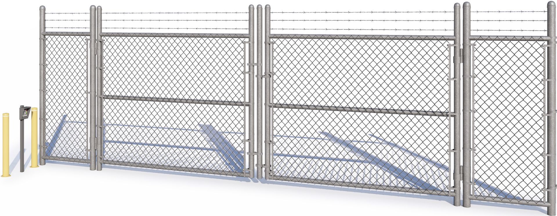 Chain-link fence with razor wire, enclosing an area, gate on left, gray.