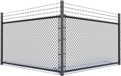 Chain-link fence with barbed wire on top, forming a corner. Gray metal posts and fence.