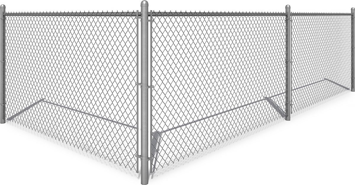 Chain-link fence section, gray metal posts and mesh.