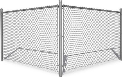 Chain-link fence corner. Gray metal posts and diamond-pattern mesh, topped with barbed wire.