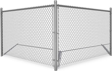 Chain-link fence corner. Gray metal posts and diamond-pattern mesh, topped with barbed wire.