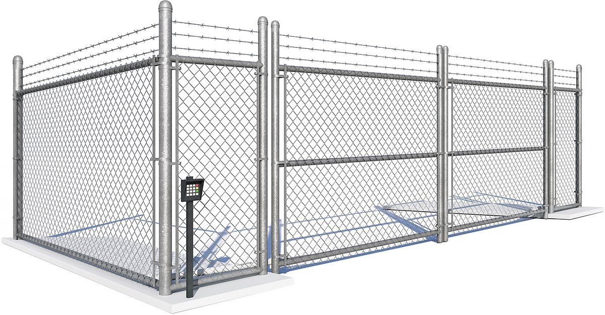 Chain-link fence with razor wire, enclosing an area, gate on left, gray.