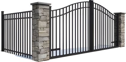 Black metal gate with stone pillars.