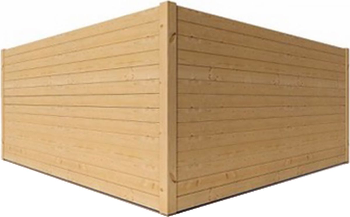 Corner of a wooden structure, horizontal planks, light brown color.