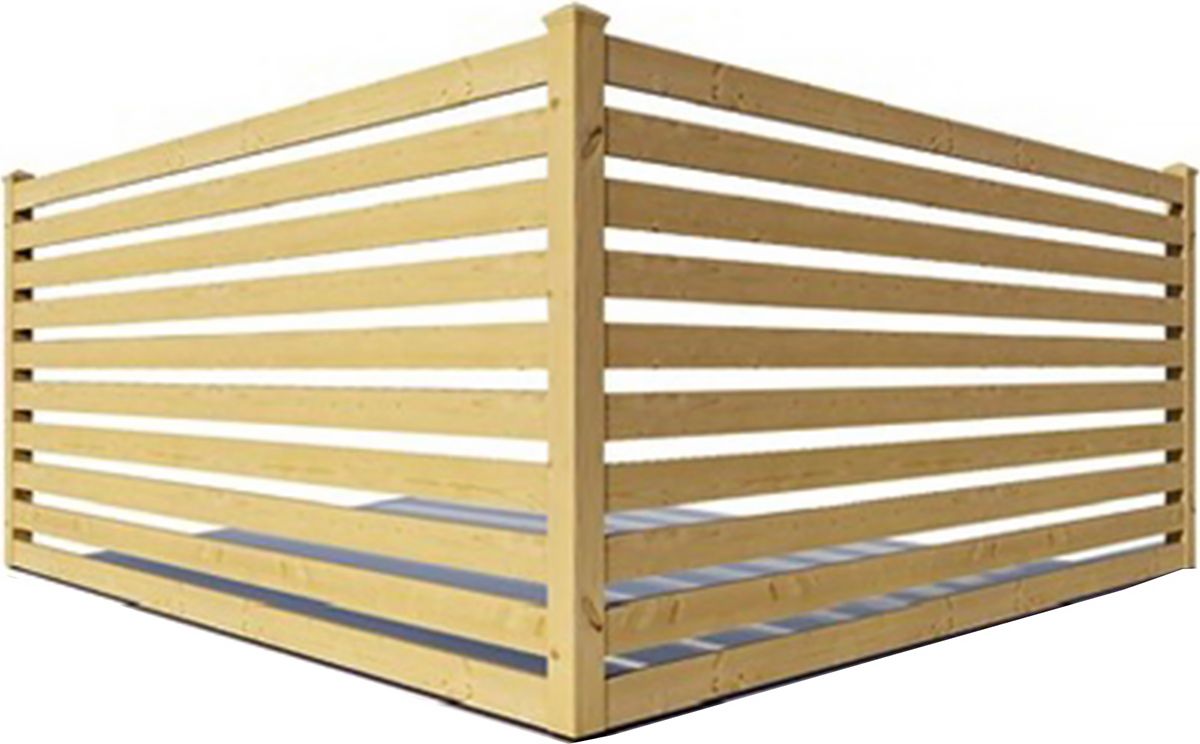 Wooden horizontal slat fence corner. Beige color, outdoors.