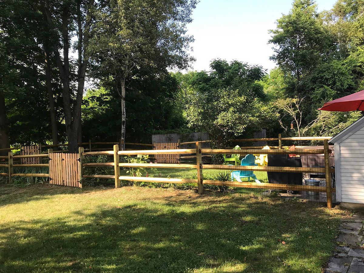 Wooden split-rail fence surrounds a grassy yard, trees in the background, a small shed to the right.
