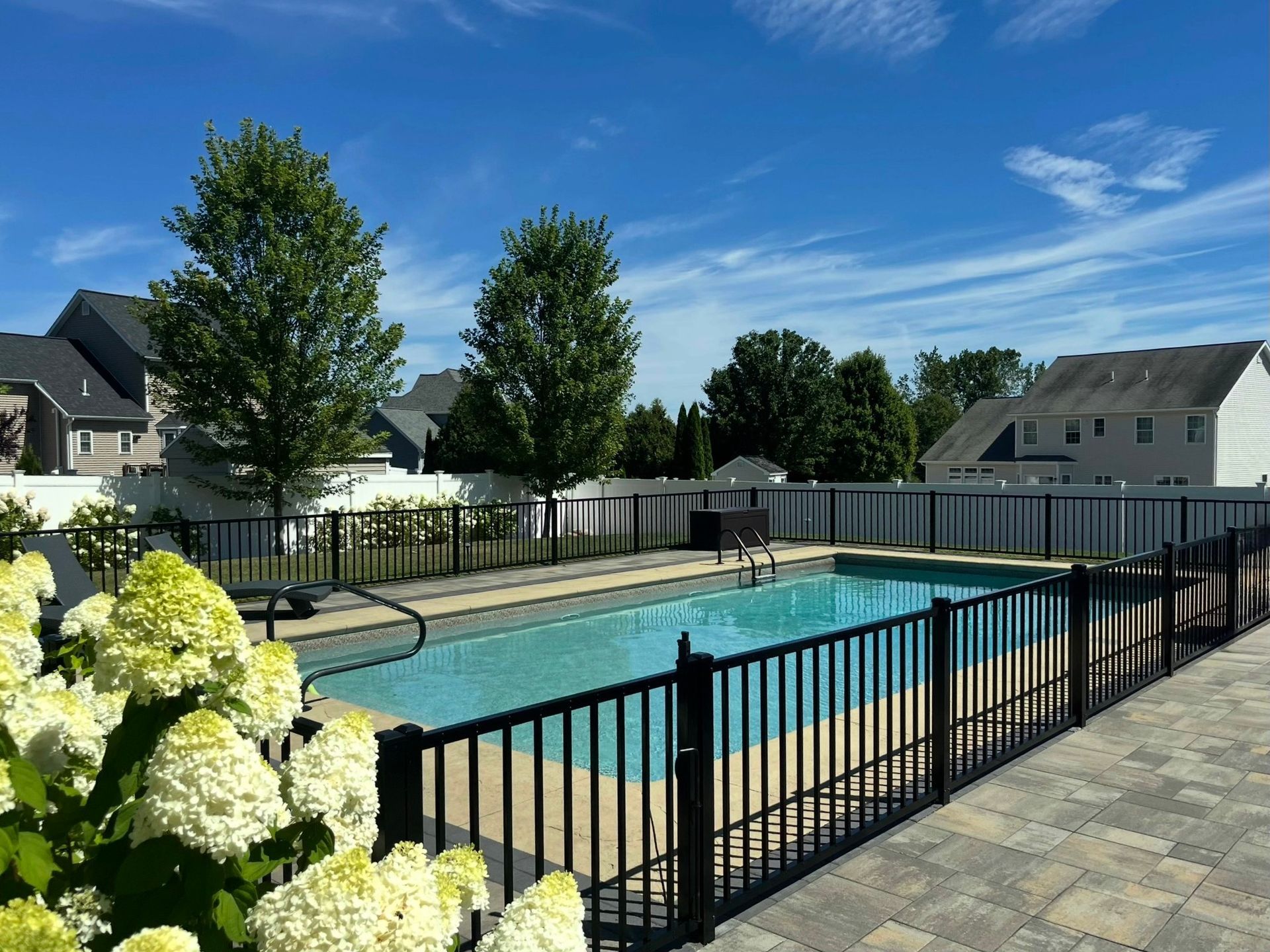Swimming pool surrounded by black fence and paving stones, trees, and houses under a blue sky.