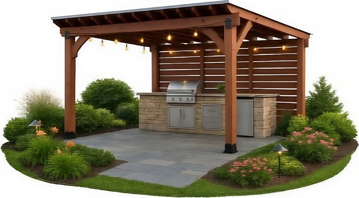 Wooden pergola with built-in grill and outdoor kitchen on a stone patio, surrounded by landscaping.