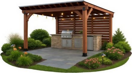 Wooden fence with wire mesh interior, corner view.