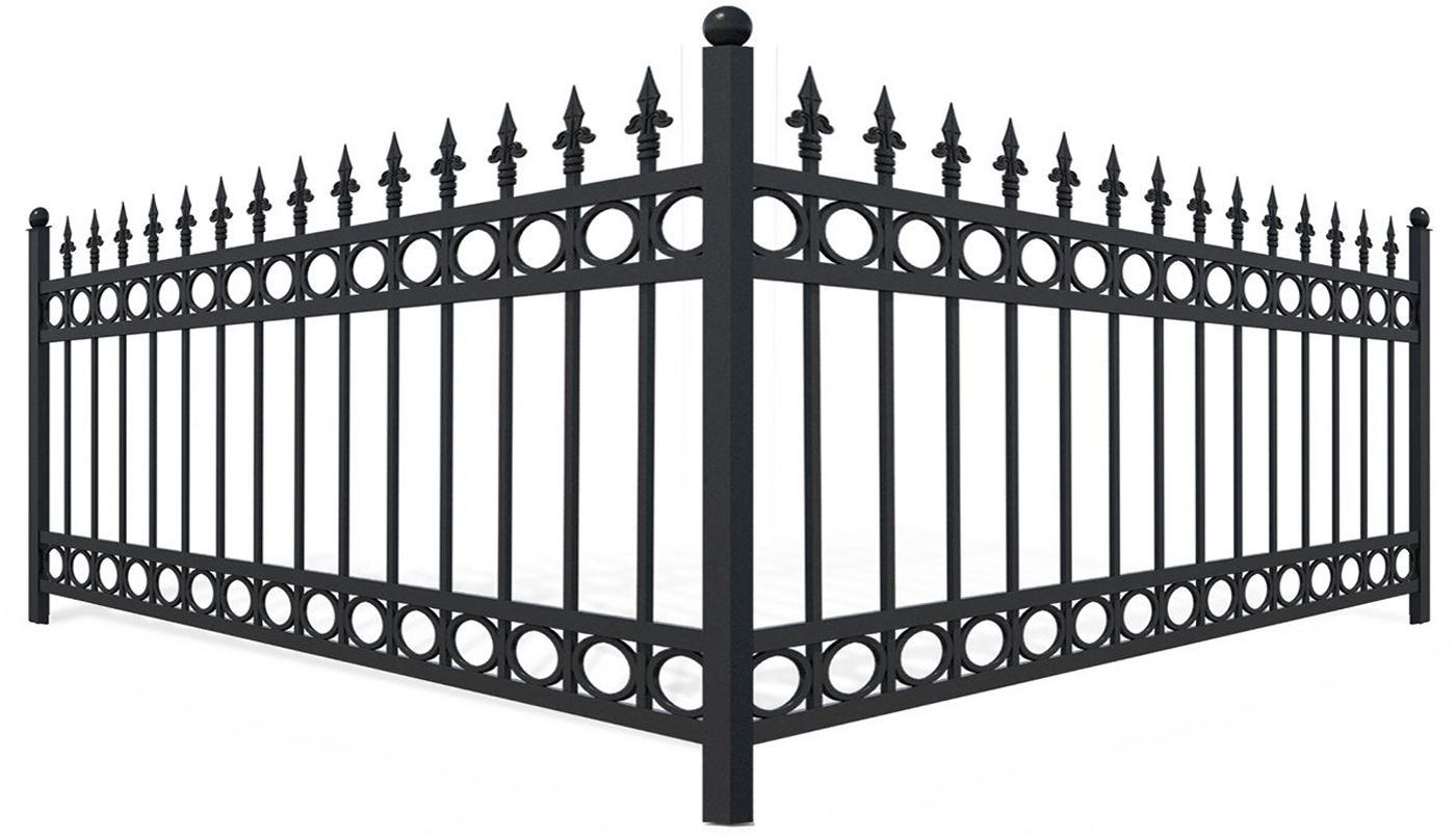 Black wrought iron fence with decorative finials.