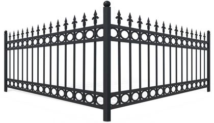 Black wrought iron fence with decorative finials, corner view.