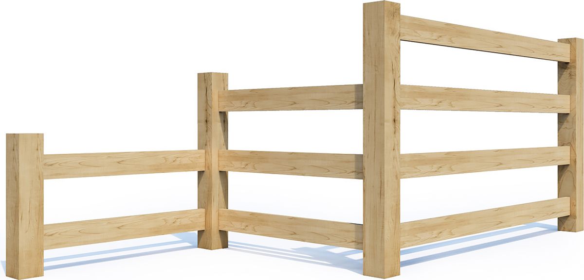 Wooden fence with three horizontal rails connecting vertical posts.