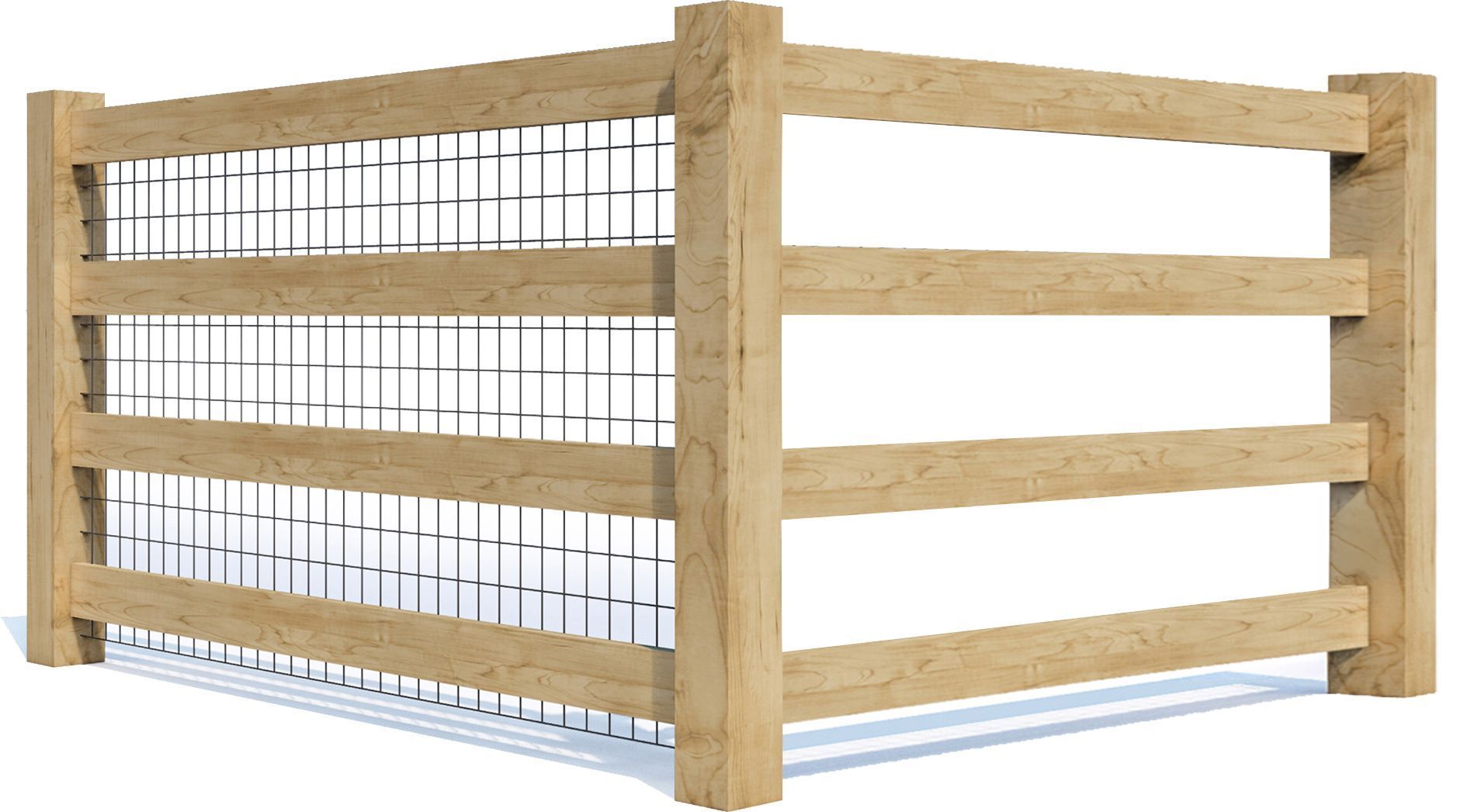 Wooden fence with three horizontal rails and wire mesh, corner view.