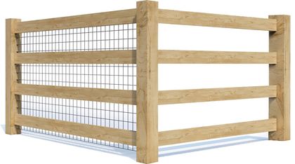 Wooden fence with wire mesh interior, corner view.