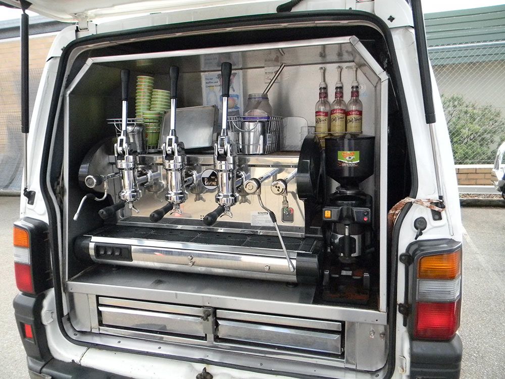A White Van With a Coffee Machine Inside of It — Clarry Anderson Sheet Metal Pty Ltd in Port Macquarie, NSW