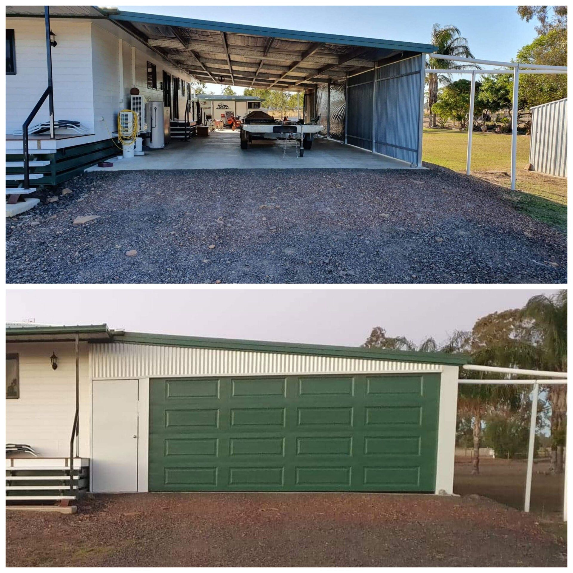 Green Garage Panel Door Open & Closed Views — Garage Doors in South Burnett, QLD