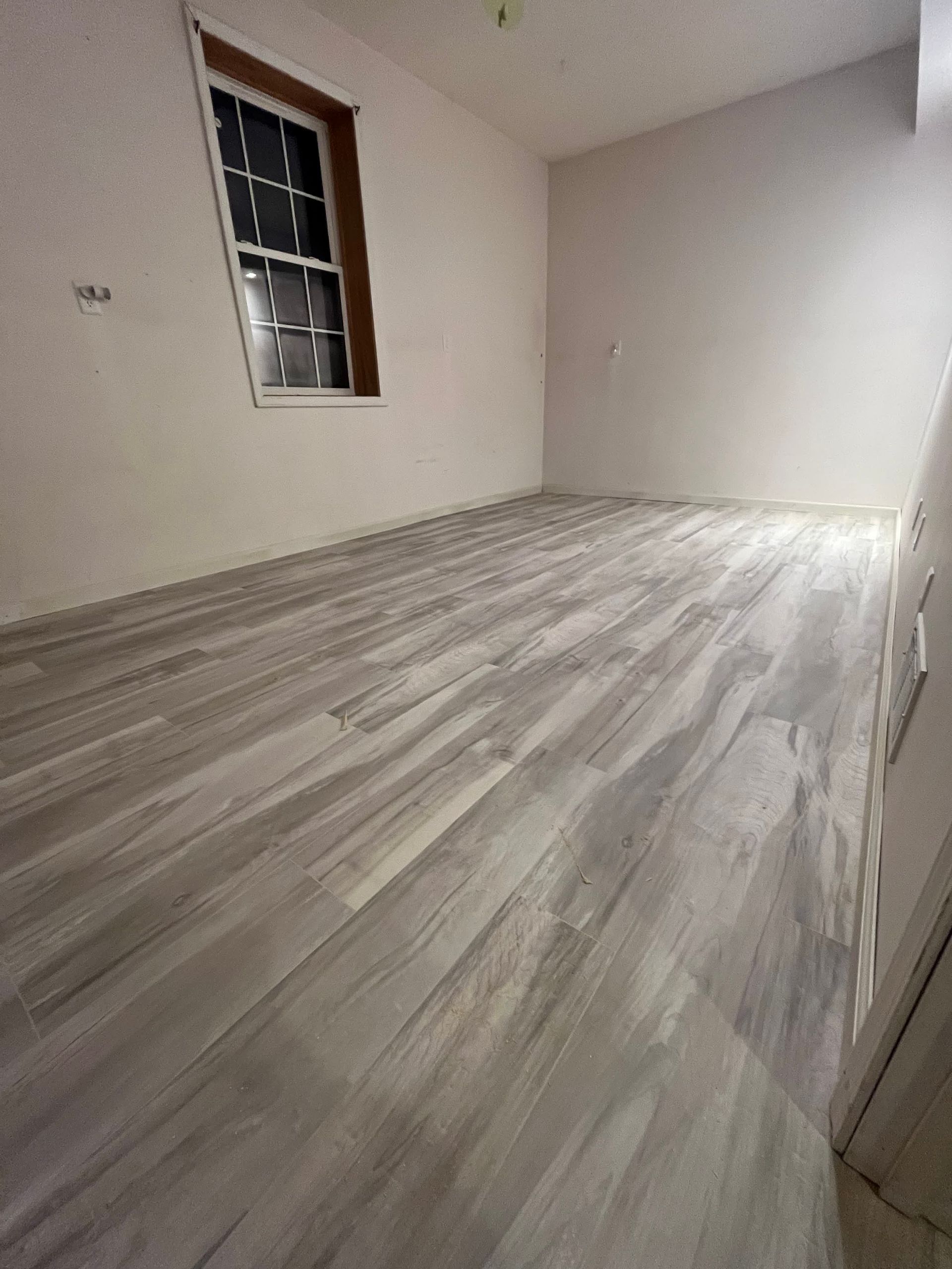 An interior view of a wooden-floored room with a door and a potted plant.