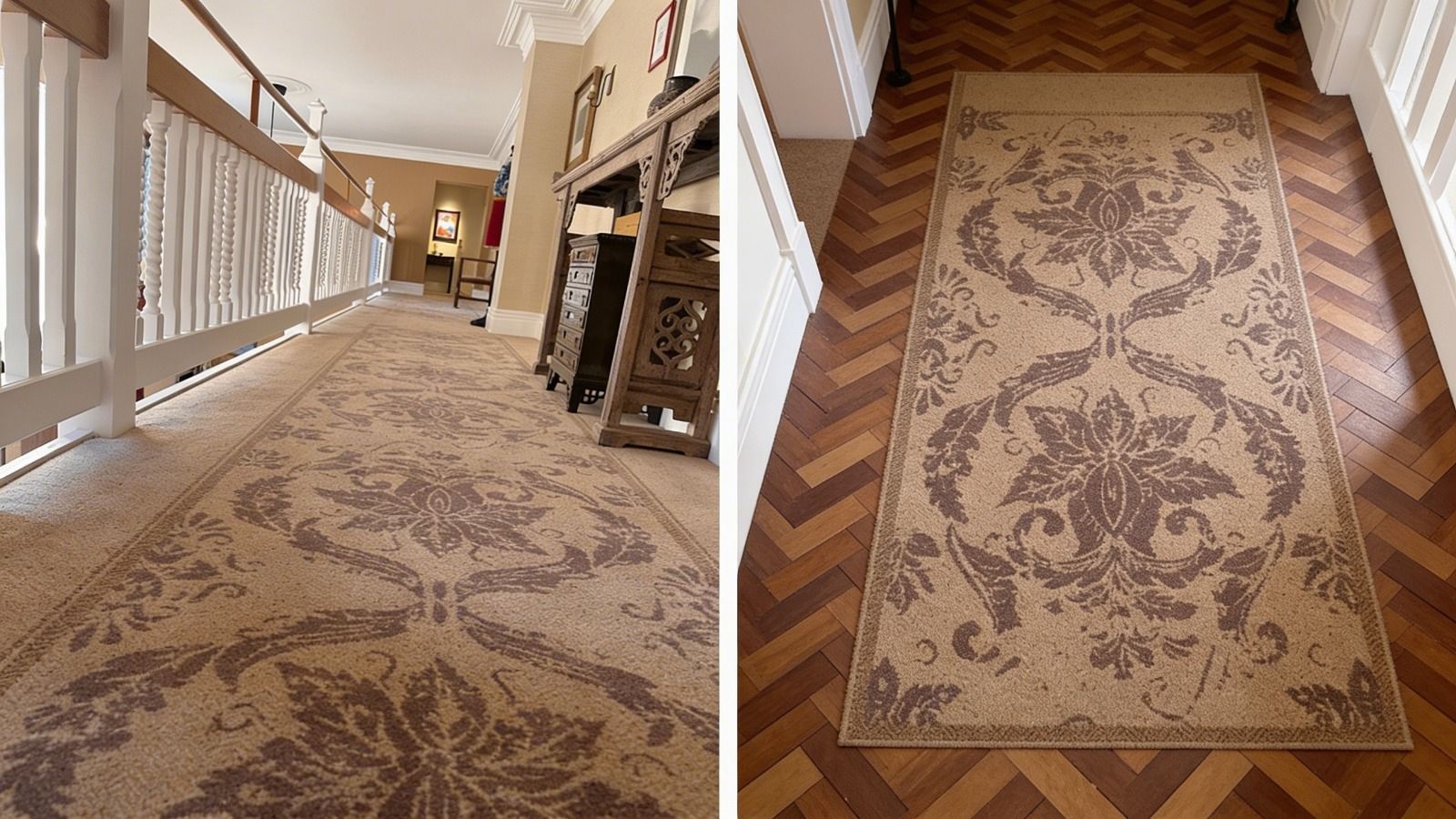 Two views of a floral-patterned runner rug on a wood floor and carpeted hallway.
