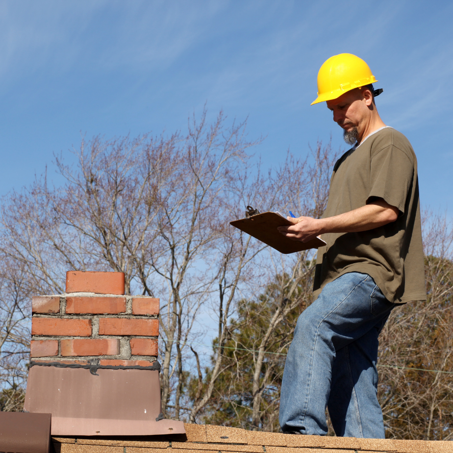 A man wearing a hard hat is looking at a clipboard