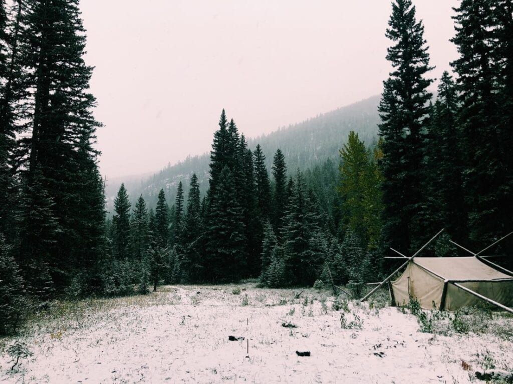 A tent in the middle of a snowy forest