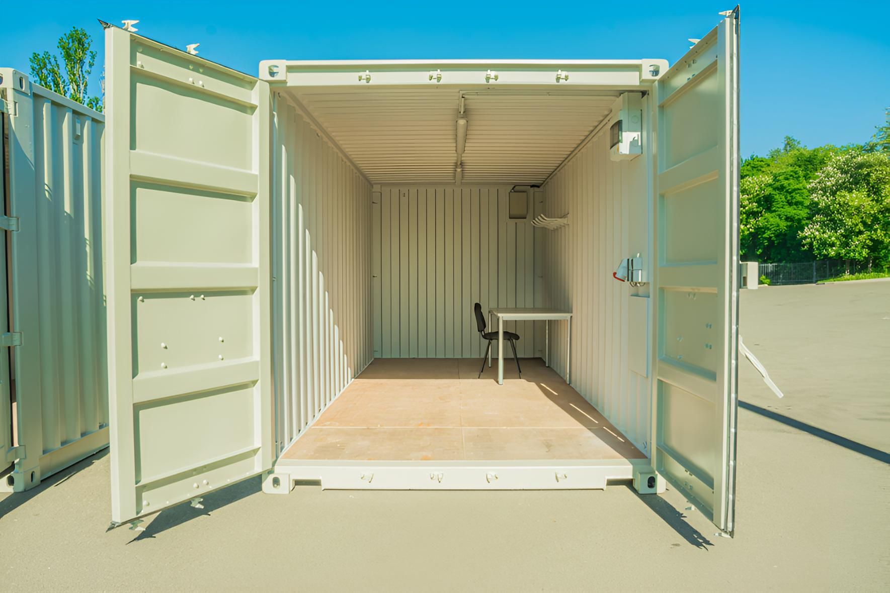 A Shipping Container With Its Doors Open And A Desk Inside Of It — Byron Storage Services In Myocum, NSW