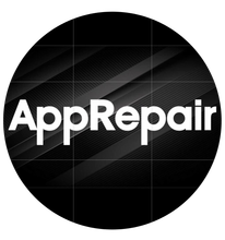 Logotipo de AppRepair: Texto blanco sobre fondo circular negro con diseño diagonal gris.