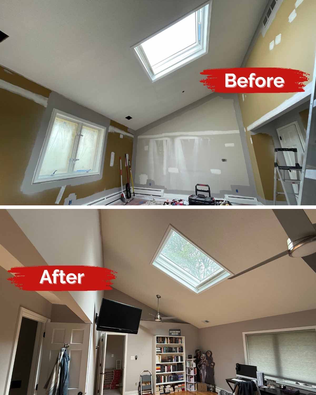 Before-and-after of a room renovation. The 