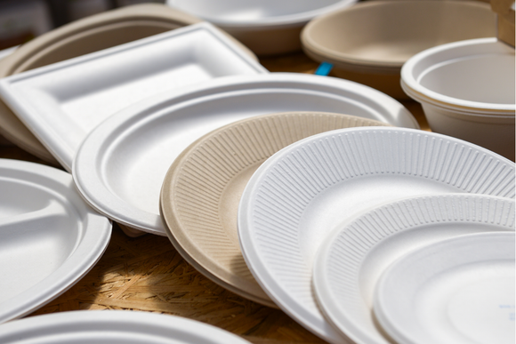 There are many different types of plastic plates and bowls on the table.