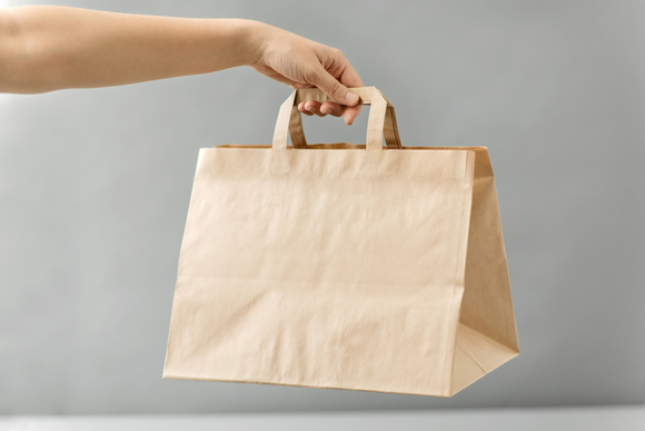 A person is holding a brown paper bag in their hand.