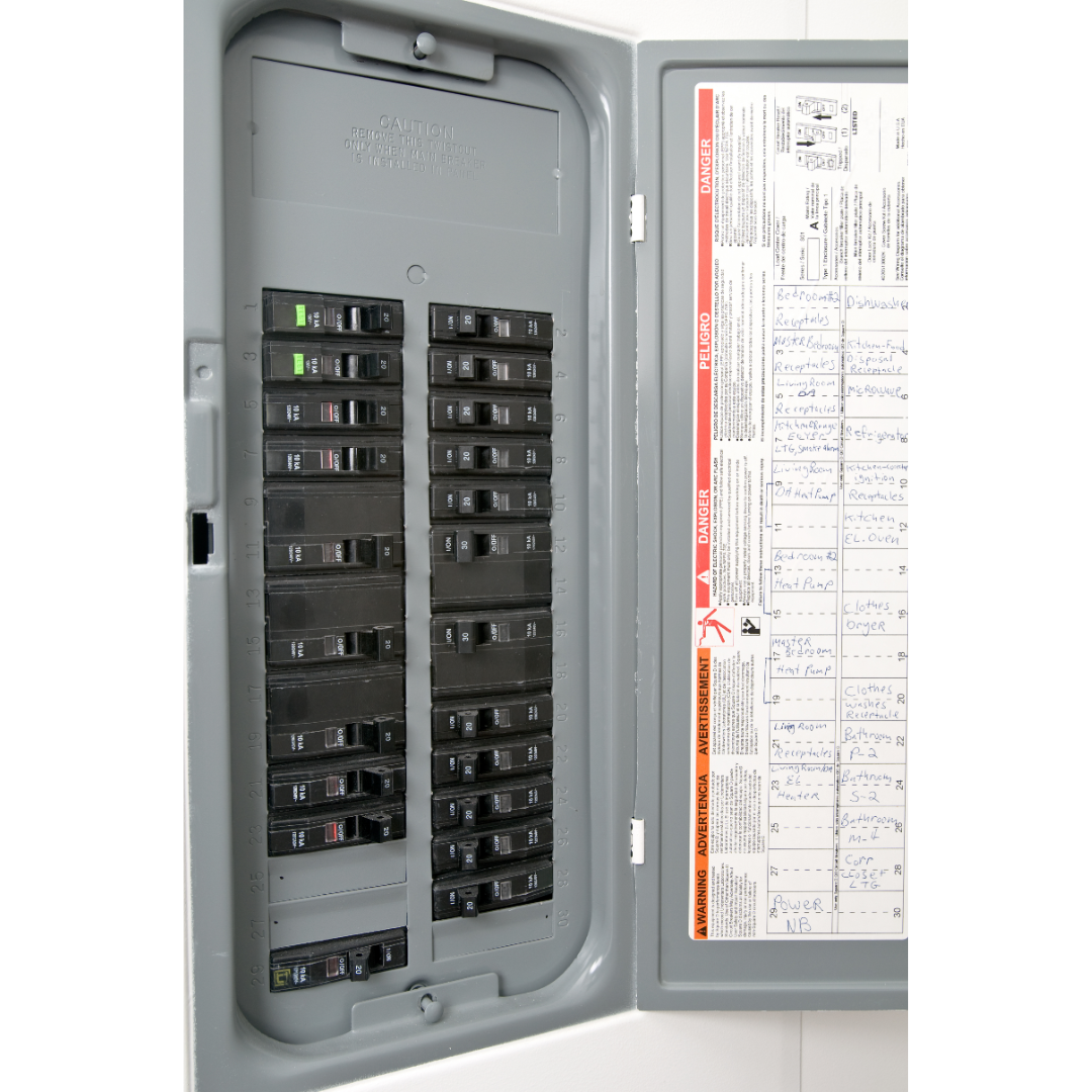 A close up of a electrical panel with the door open.