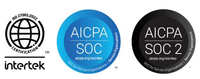 Three security certification badges: ISO 27001, AICPA SOC, and AICPA SOC 2, arranged horizontally.
