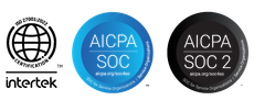 Three security certification badges: ISO 27001, AICPA SOC, and AICPA SOC 2, arranged horizontally.