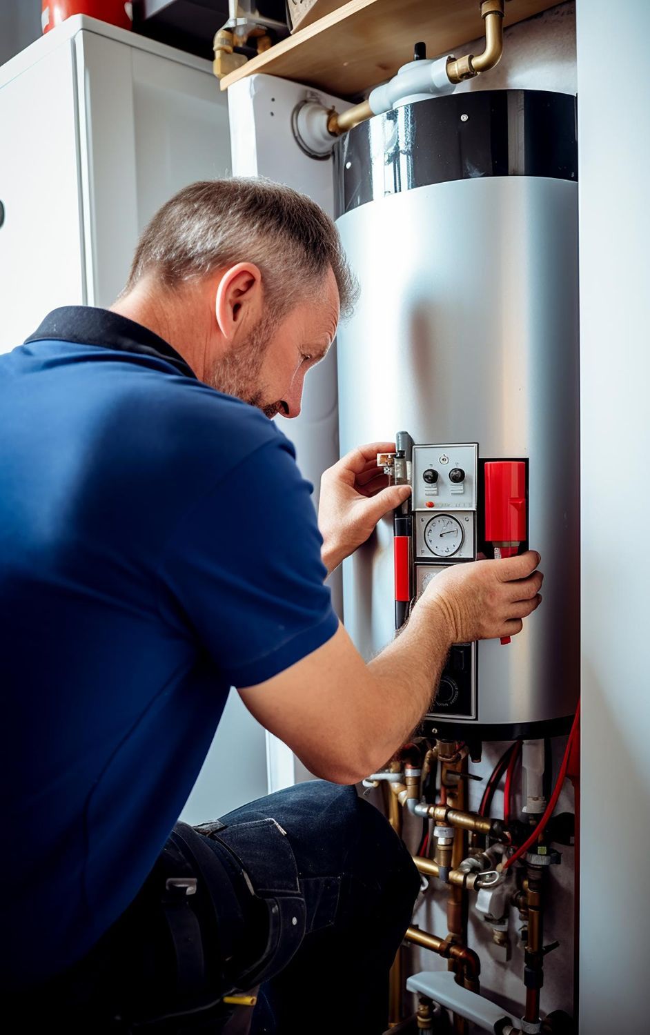 Technician inspecting a water heater with a gauge in a utility room