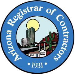 Arizona Registrar of Contractors seal with city buildings, bridge, cactus, and “1931” text
