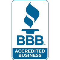 BBB Accredited Business logo in blue and white with flame icon