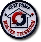 Circular Heat Pump Master Technician badge with red and black text and a house/arrow logo.
