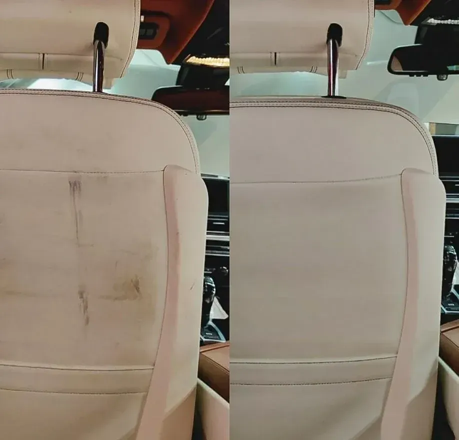 Side-by-side comparison of a car seat back. Left: stained; Right: clean. Cream-colored leather interior.